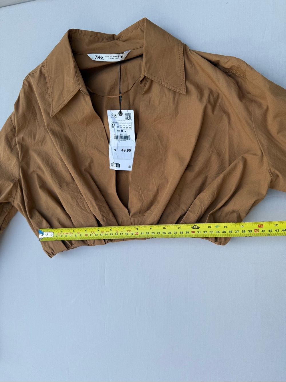 Zara Cropped and Cinched Collared Long-Sleeve Top - Tan - Picture 6 of 8